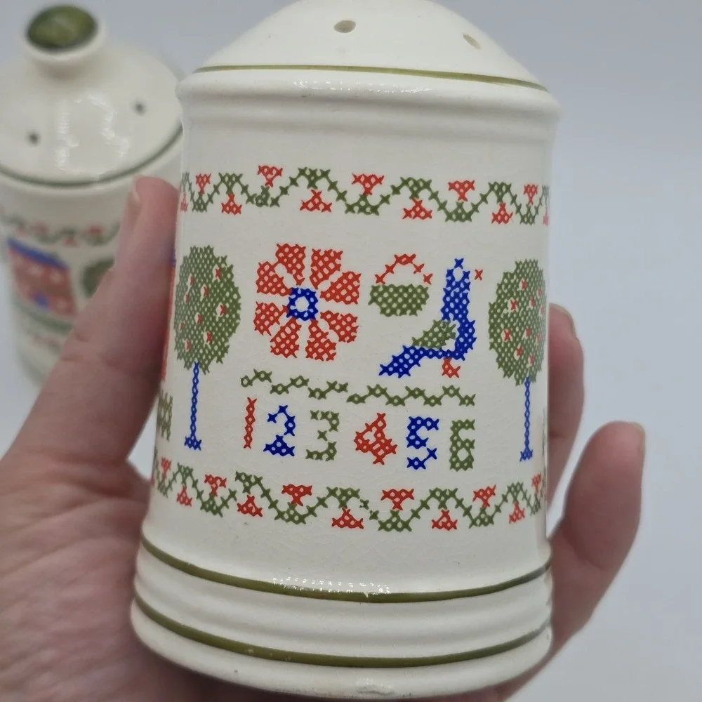 Vintage Cross Stitch Sampler Ceramic Salt and Pepper Shakers Cottagecore ABC 123
